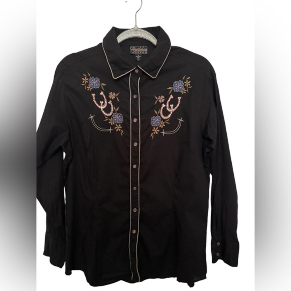 Cattlelac Ranch Black Western‎ Shirt floral embroidery, rhinestones Size XL